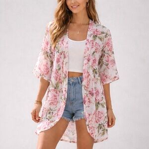 Show Me Your Mumu Floral Robe Womens OS Pink Green Lightweight No Belt